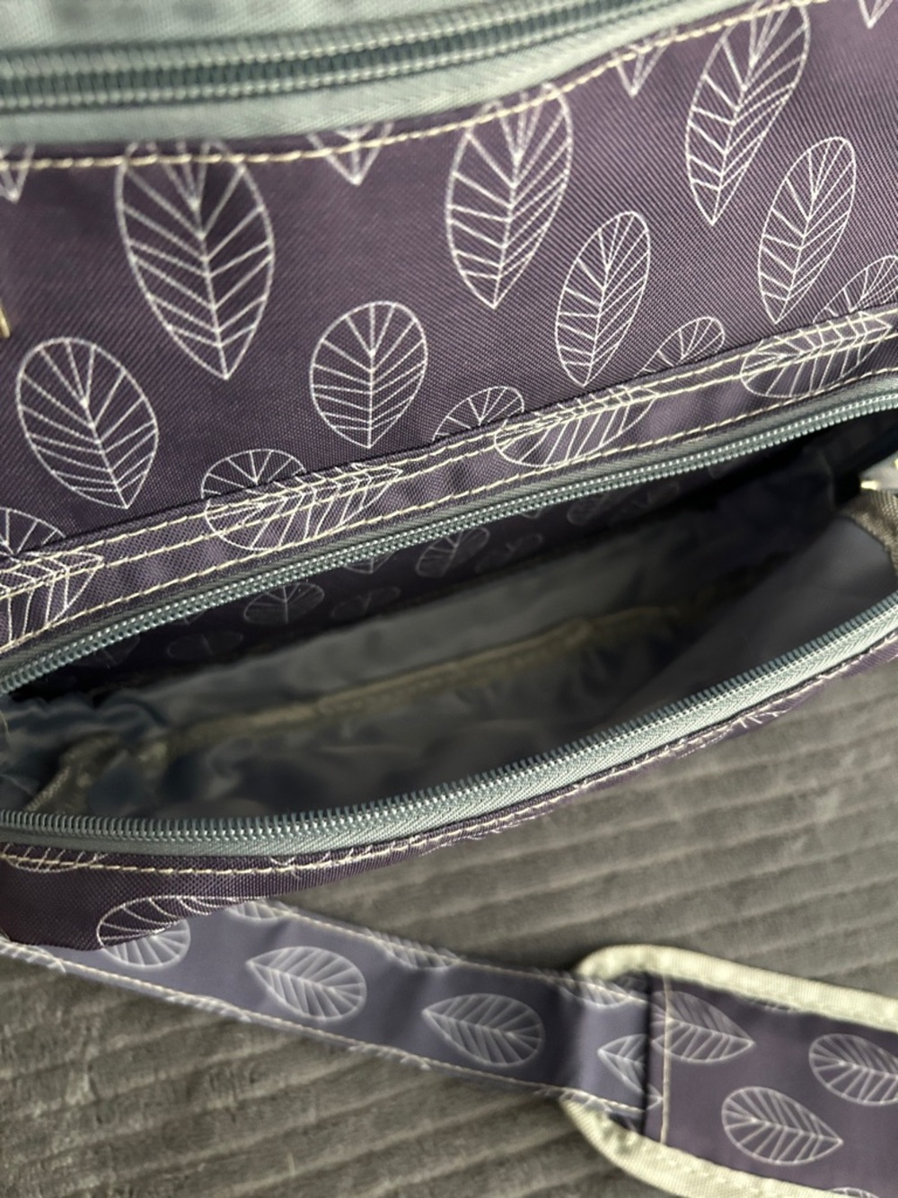 Purple Leaf Print Multi-way Crossbody, Messenger, or Backpack Style Diaper Bag - Picture 8 of 15
